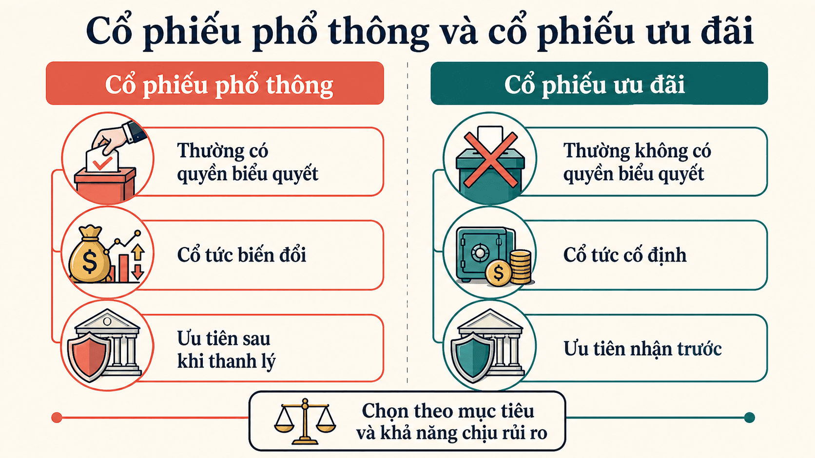 So sánh tiếng Việt giữa cổ phần phổ thông và cổ phần ưu đãi cổ tức