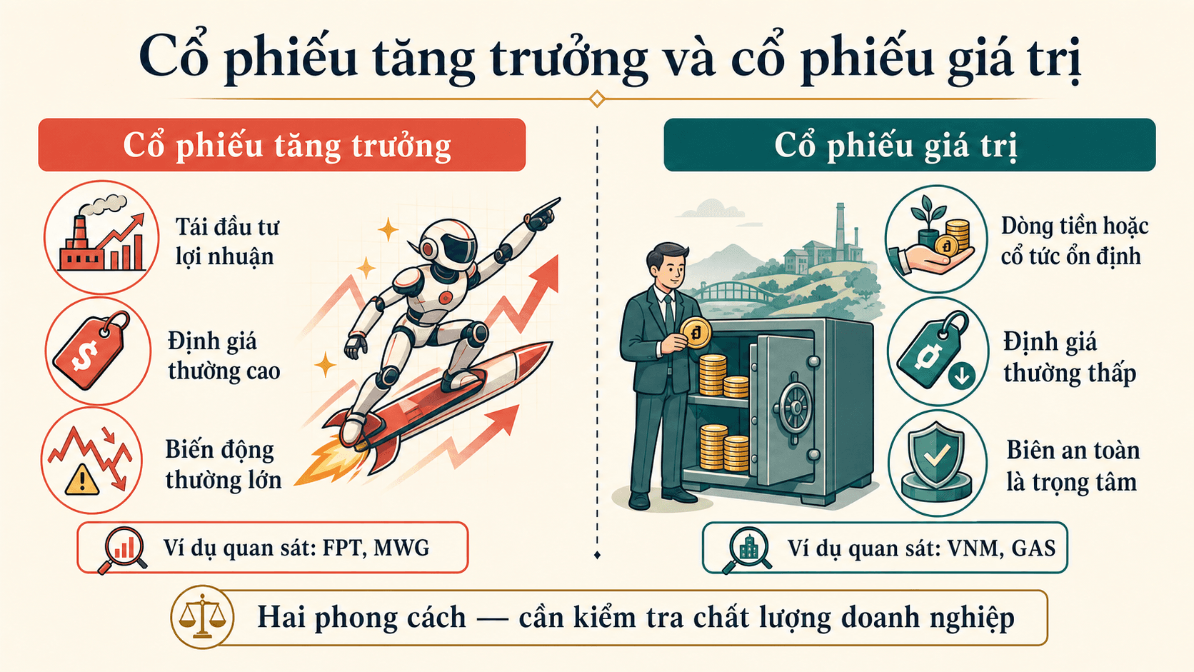 So sánh tiếng Việt giữa cổ phiếu tăng trưởng và cổ phiếu giá trị