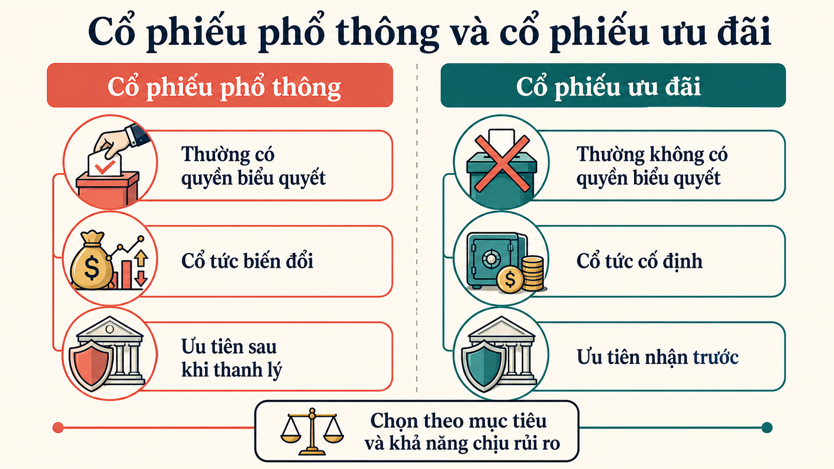 Bảng trực quan so sánh cổ phần phổ thông và cổ phần ưu đãi
