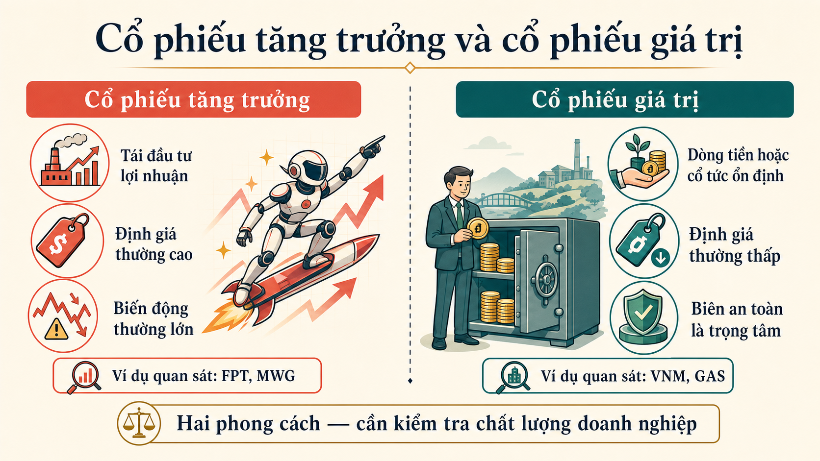 Minh họa hai lăng kính phân tích cổ phiếu tăng trưởng và cổ phiếu giá trị